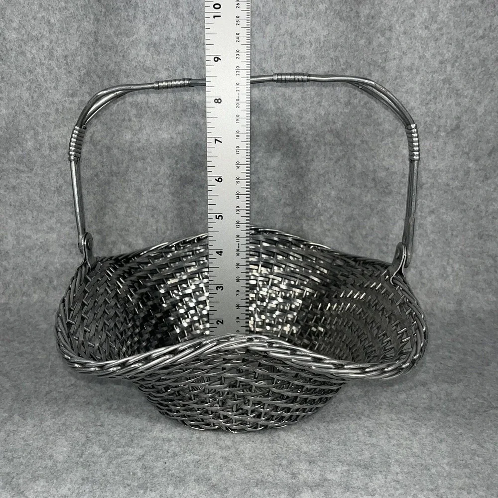 VTG Silver Tone Metal Woven Wire Basket With Fold Down‎ Handle Decor Centerpiece